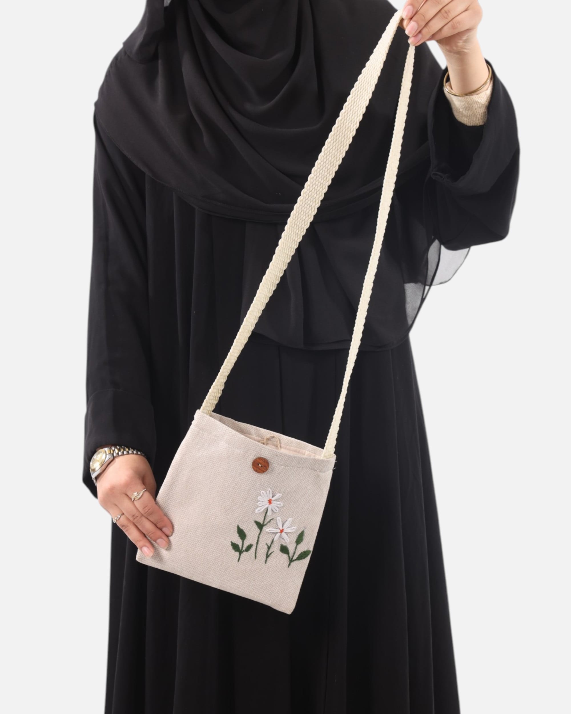 Handmade Afghan Floral Embroidered Crossbody Bag with Rope Strap