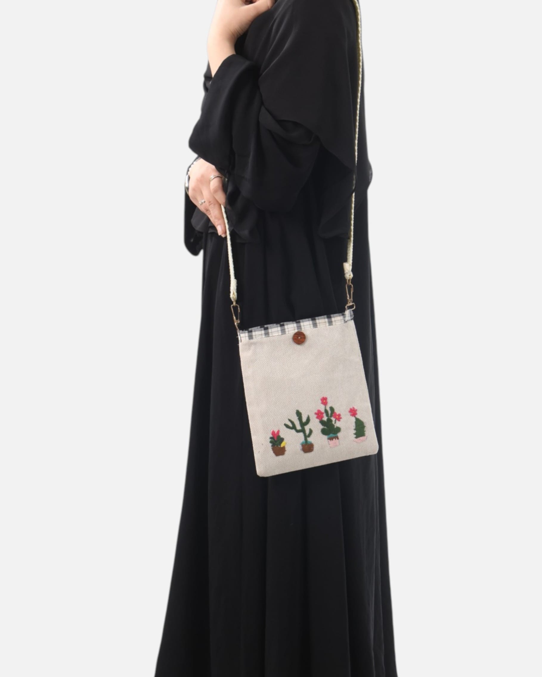 Embroidered Crossbody Bag, Unique Flower Pot Design, Handcrafted Canvas Bag, Stylish Everyday Accessory
