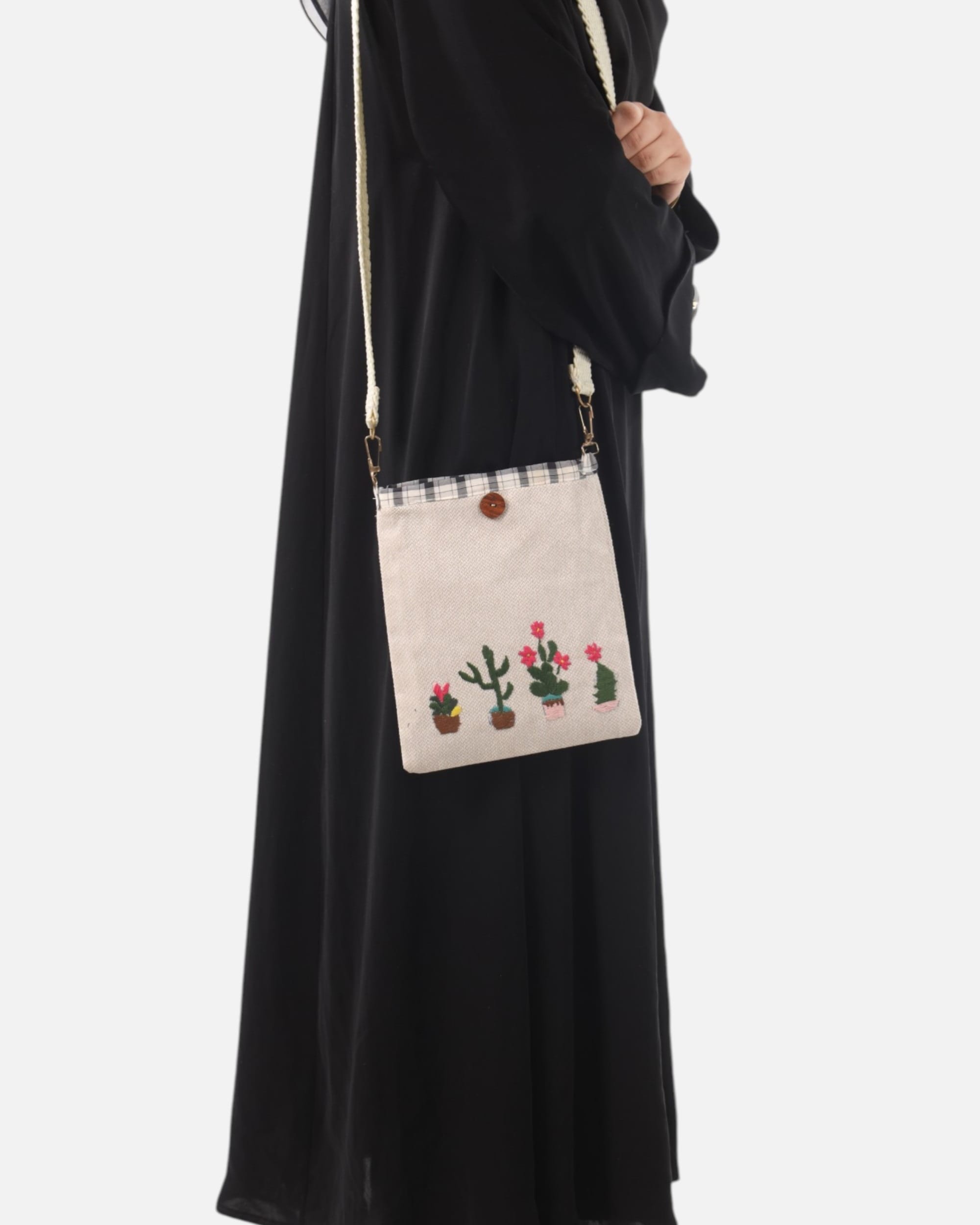 Embroidered Crossbody Bag, Unique Flower Pot Design, Handcrafted Canvas Bag, Stylish Everyday Accessory