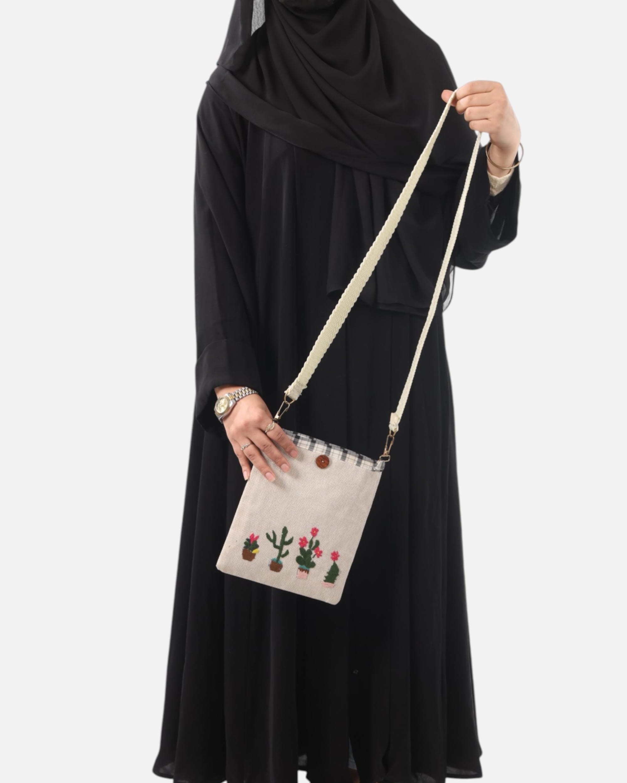 Embroidered Crossbody Bag, Unique Flower Pot Design, Handcrafted Canvas Bag, Stylish Everyday Accessory