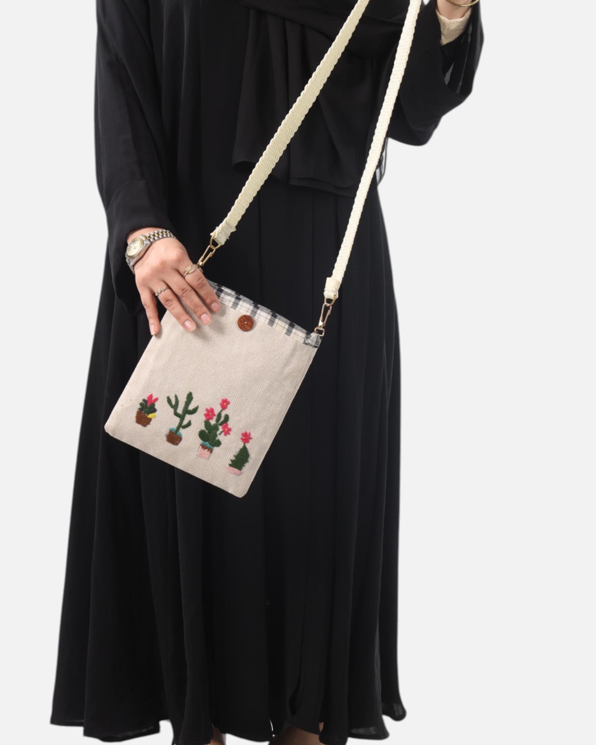 Embroidered Crossbody Bag, Unique Flower Pot Design, Handcrafted Canvas Bag, Stylish Everyday Accessory
