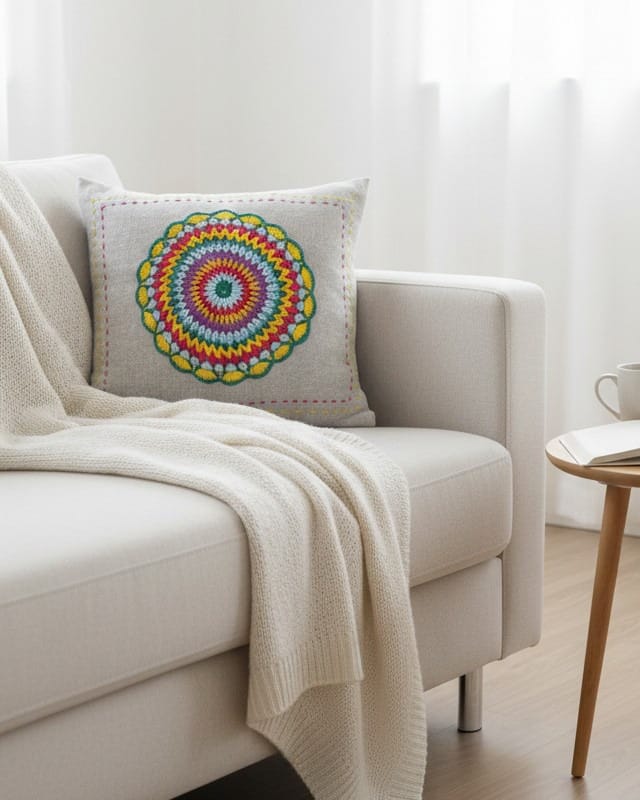 Rainbow  Pillow, Colorful Afghan Crochet Cushion