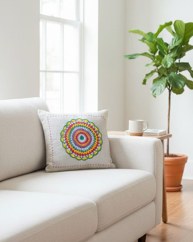 Rainbow  Pillow, Colorful Afghan Crochet Cushion