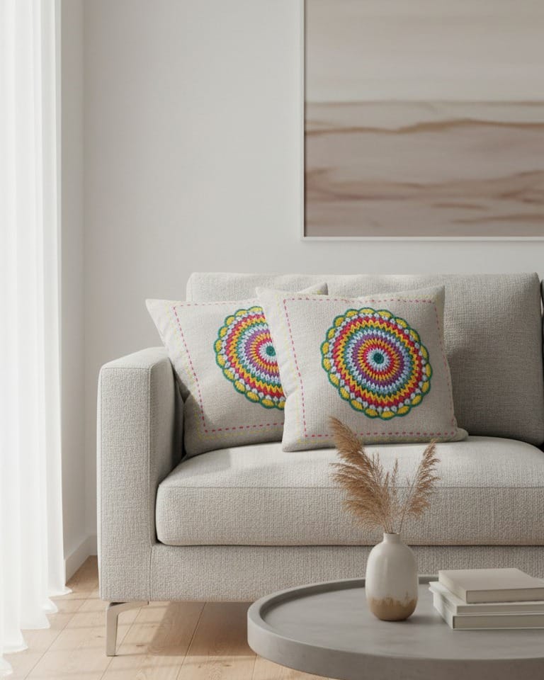 Rainbow  Pillow, Colorful Afghan Crochet Cushion