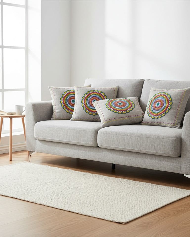 Rainbow  Pillow, Colorful Afghan Crochet Cushion