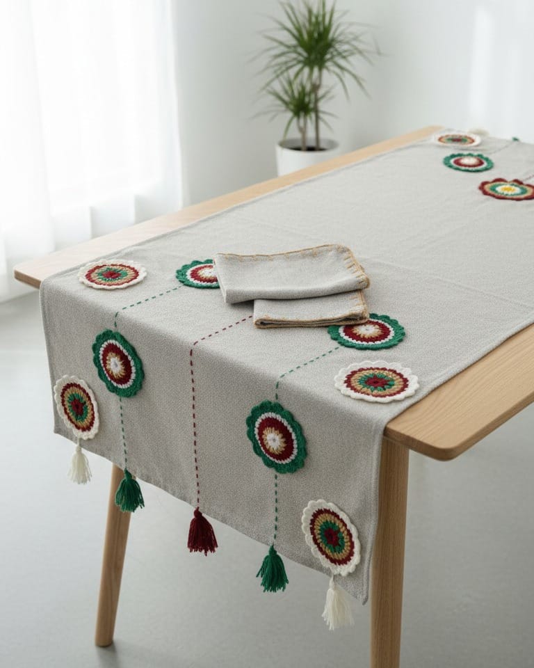 Table Runner with 6 Placements, Afghan-Inspired Decorative Tablecloth