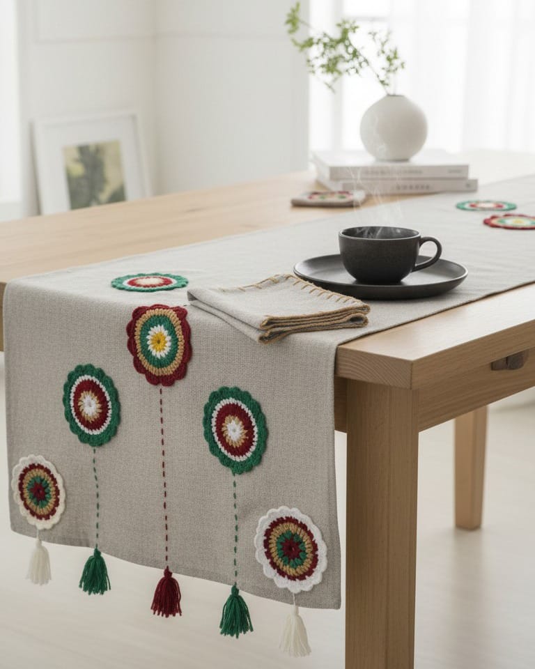 Table Runner with 6 Placements, Afghan-Inspired Decorative Tablecloth