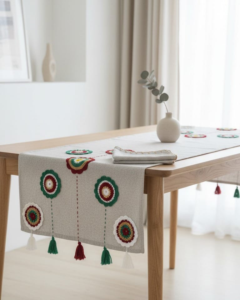 Table Runner with 6 Placements, Afghan-Inspired Decorative Tablecloth