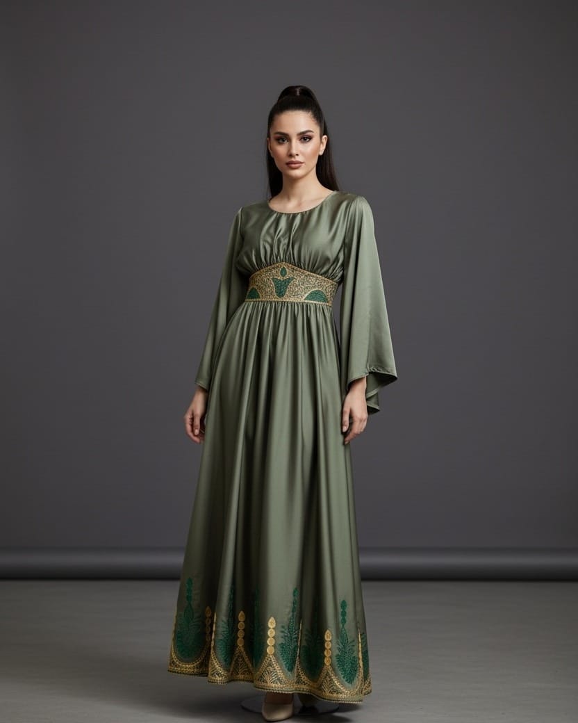 Olive Green Afghan Satin Dress with Hand Embroidered Chiffon Waistband – Traditional Handmade Afghan Maxi Dress