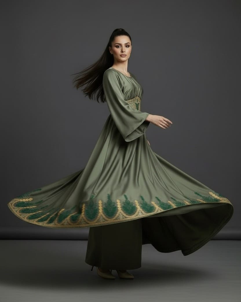 Olive Green Afghan Satin Dress with Hand Embroidered Chiffon Waistband – Traditional Handmade Afghan Maxi Dress