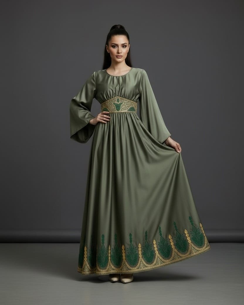 Olive Green Afghan Satin Dress with Hand Embroidered Chiffon Waistband – Traditional Handmade Afghan Maxi Dress