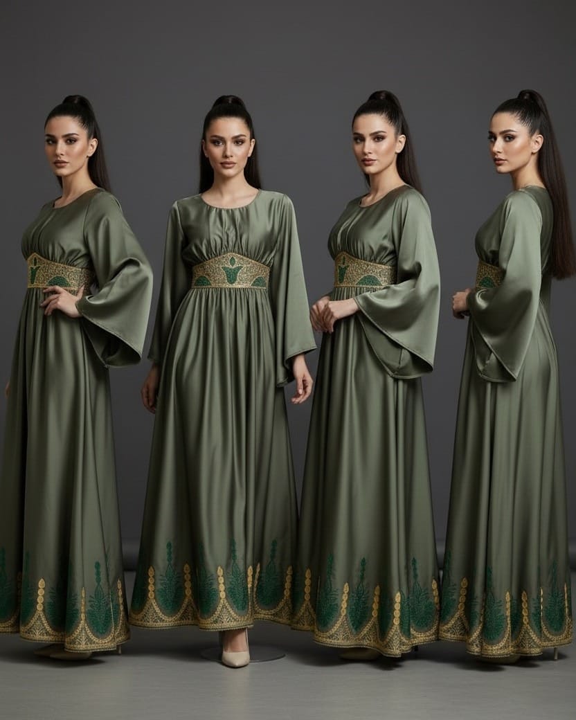 Olive Green Afghan Satin Dress with Hand Embroidered Chiffon Waistband – Traditional Handmade Afghan Maxi Dress