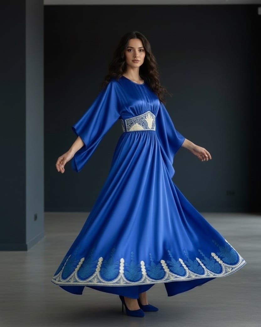 Royal Blue Afghan Satin Dress with Hand-Embroidered Chiffon Waistband – Elegant Traditional Afghan Maxi Dress