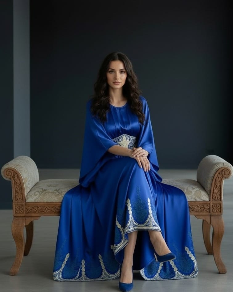 Royal Blue Afghan Satin Dress with Hand-Embroidered Chiffon Waistband – Elegant Traditional Afghan Maxi Dress