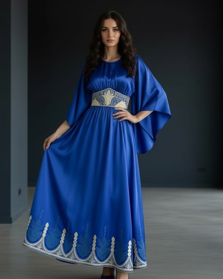 Royal Blue Afghan Satin Dress with Hand-Embroidered Chiffon Waistband – Elegant Traditional Afghan Maxi Dress