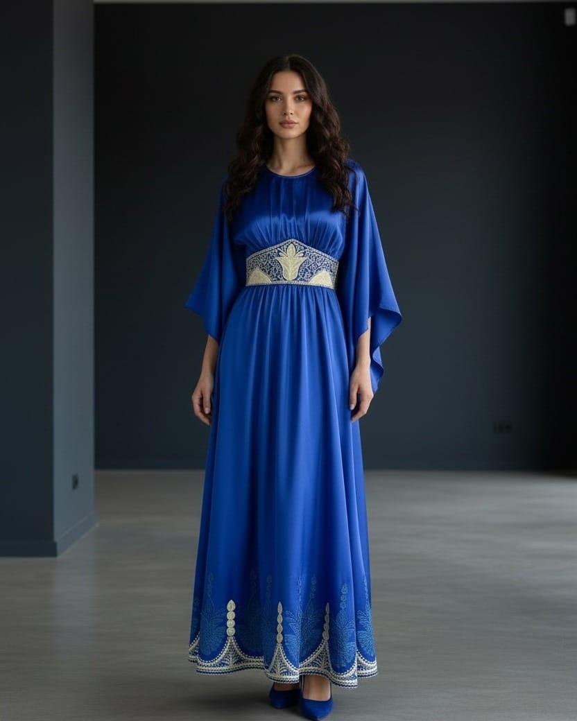 Royal Blue Afghan Satin Dress with Hand-Embroidered Chiffon Waistband – Elegant Traditional Afghan Maxi Dress
