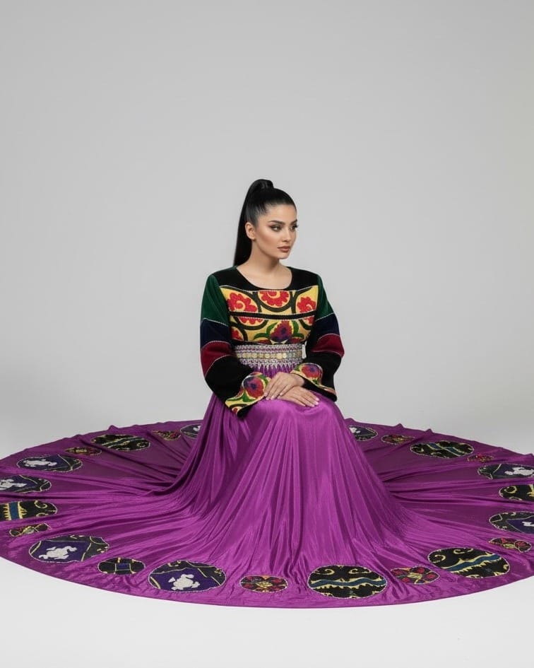 Embroidered Dress with Silk Velvet Details – Traditional Pukhta Dozi Handmade Afghan Maxi Dress