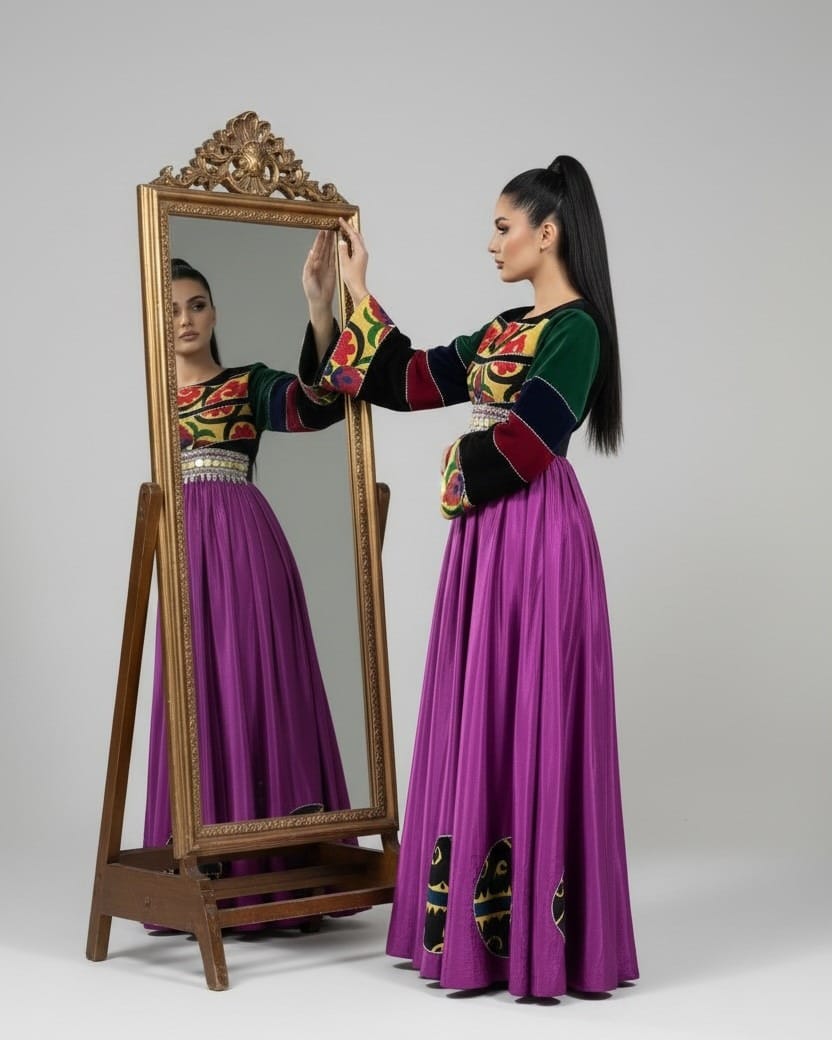 Embroidered Dress with Silk Velvet Details – Traditional Pukhta Dozi Handmade Afghan Maxi Dress