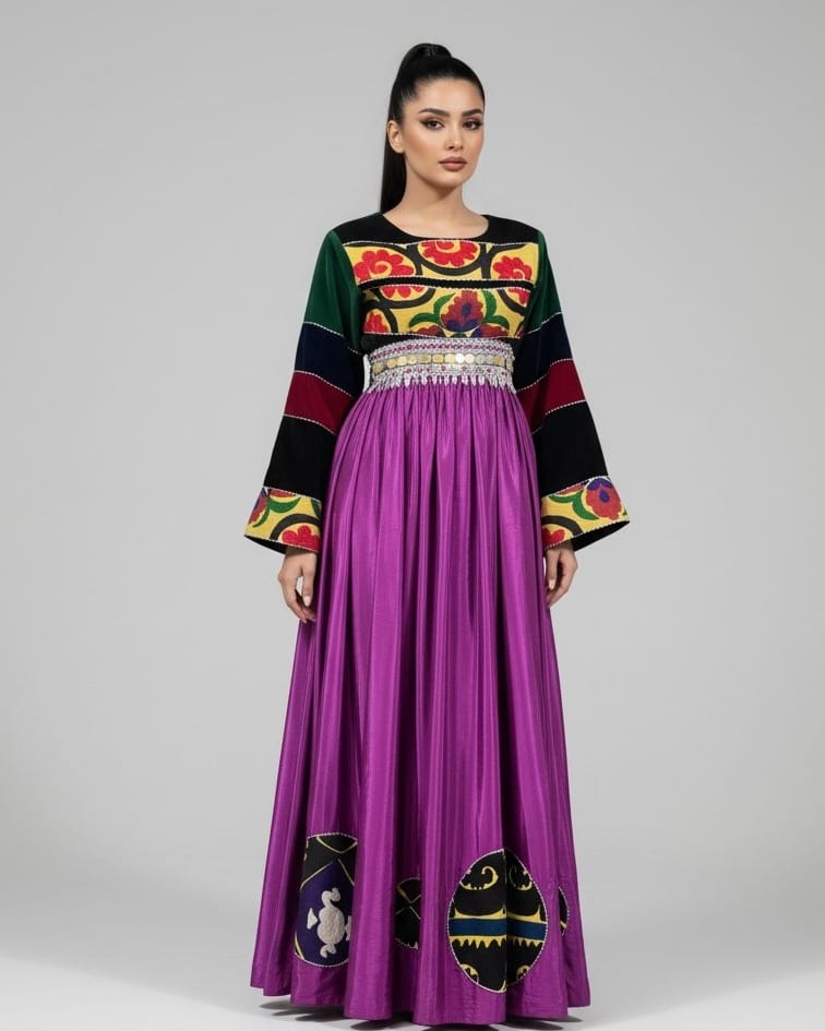 Embroidered Dress with Silk Velvet Details – Traditional Pukhta Dozi Handmade Afghan Maxi Dress