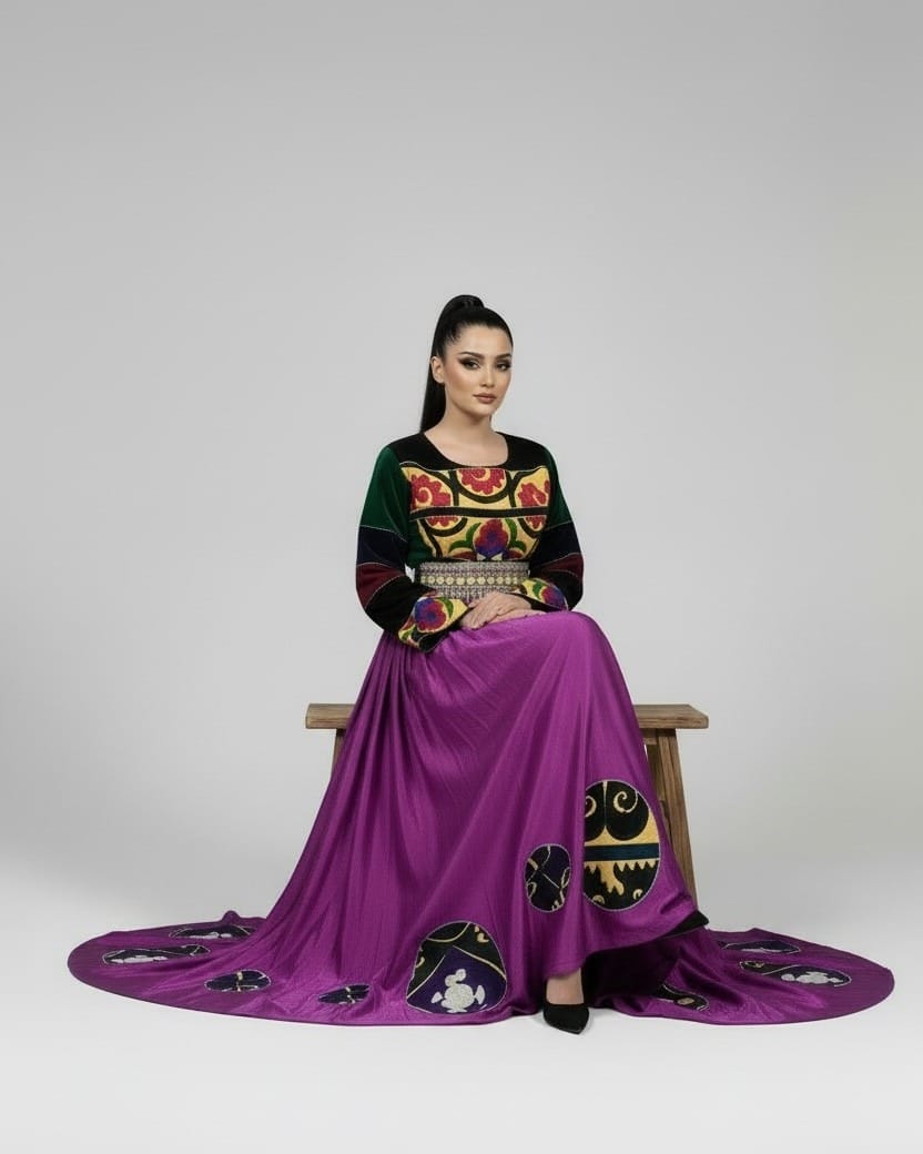 Embroidered Dress with Silk Velvet Details – Traditional Pukhta Dozi Handmade Afghan Maxi Dress