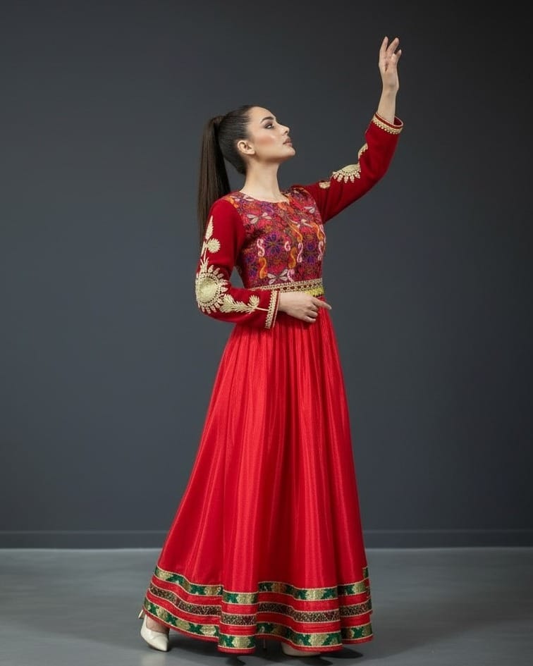 Red Afghan Banarsi Dress –Velvet & Silk Afghan Maxi Dress