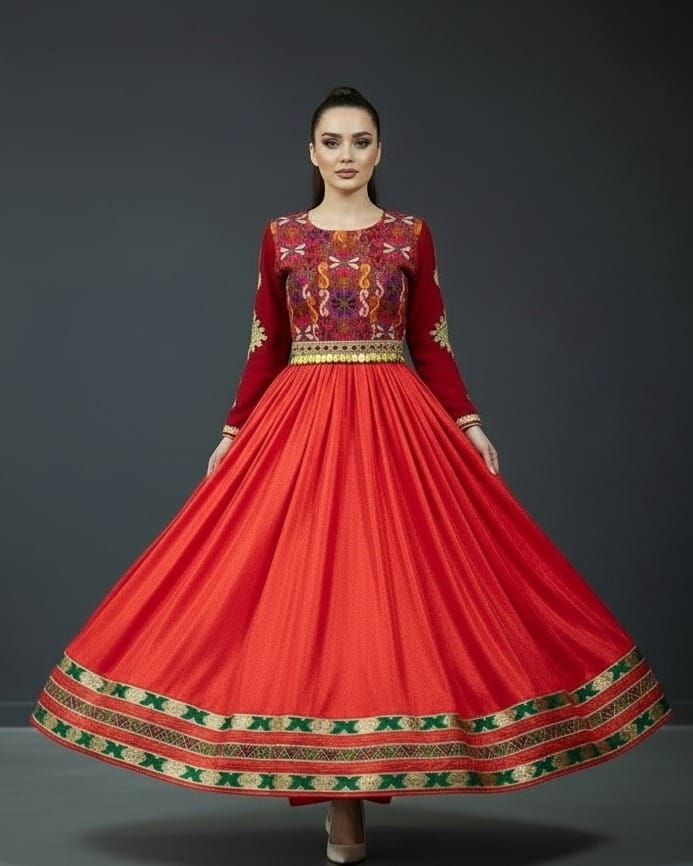 Red Afghan Banarsi Dress –Velvet & Silk Afghan Maxi Dress