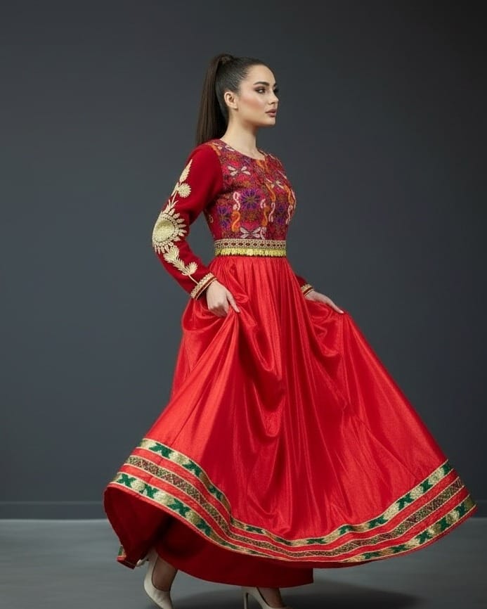 Red Afghan Banarsi Dress –Velvet & Silk Afghan Maxi Dress