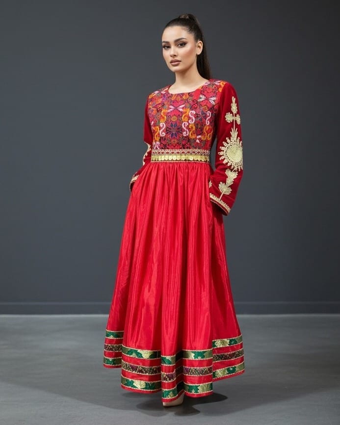 Red Afghan Banarsi Dress –Velvet & Silk Afghan Maxi Dress