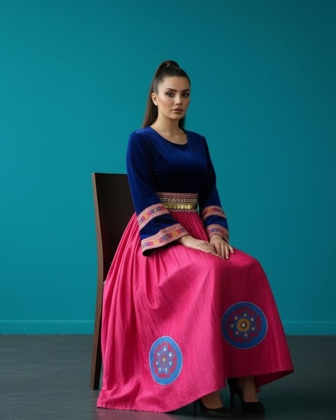 Royal Blue & Magenta Afghan Handmade Dress – Silk Velvet and Pukhta Dozi Traditional Afghan Maxi Dress