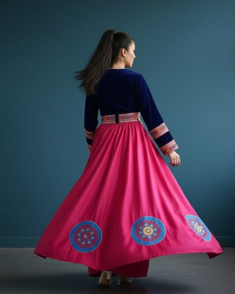 Royal Blue & Magenta Afghan Handmade Dress – Silk Velvet and Pukhta Dozi Traditional Afghan Maxi Dress