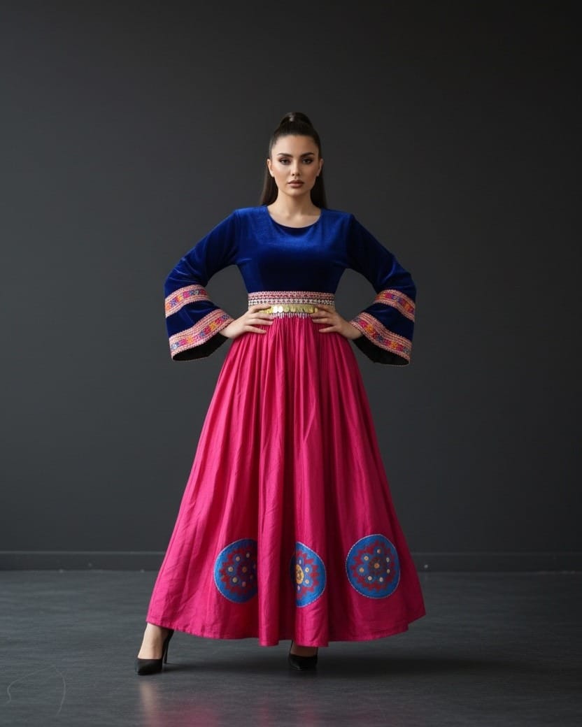 Royal Blue & Magenta Afghan Handmade Dress – Silk Velvet and Pukhta Dozi Traditional Afghan Maxi Dress