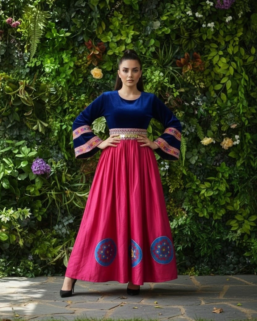 Royal Blue & Magenta Afghan Handmade Dress – Silk Velvet and Pukhta Dozi Traditional Afghan Maxi Dress