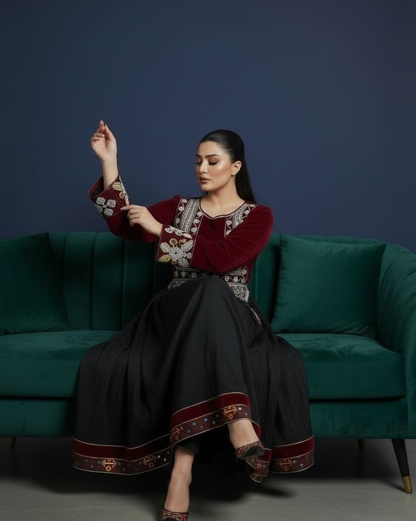 Red and Green Afghan Dress with Traditional Embroidery | Handcrafted Maxi Dress