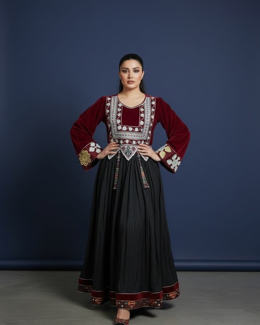 Red and Green Afghan Dress with Traditional Embroidery | Handcrafted Maxi Dress
