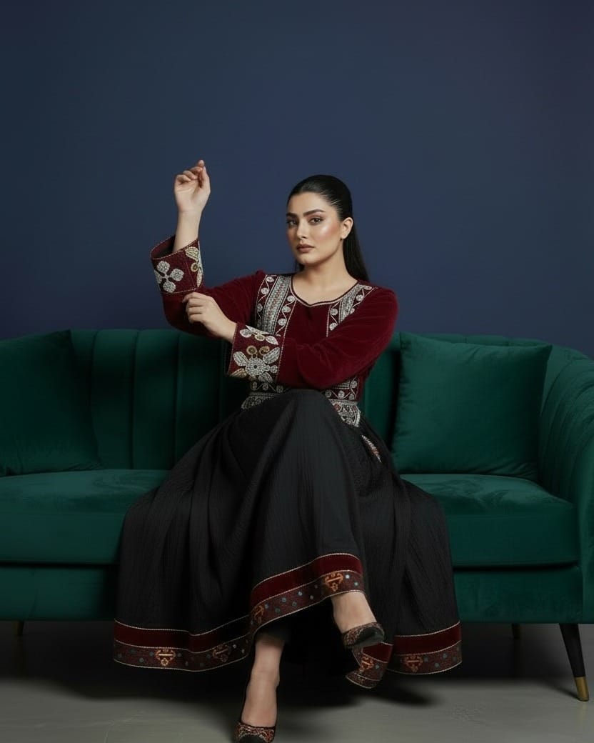 Red and Green Afghan Dress with Traditional Embroidery | Handcrafted Maxi Dress