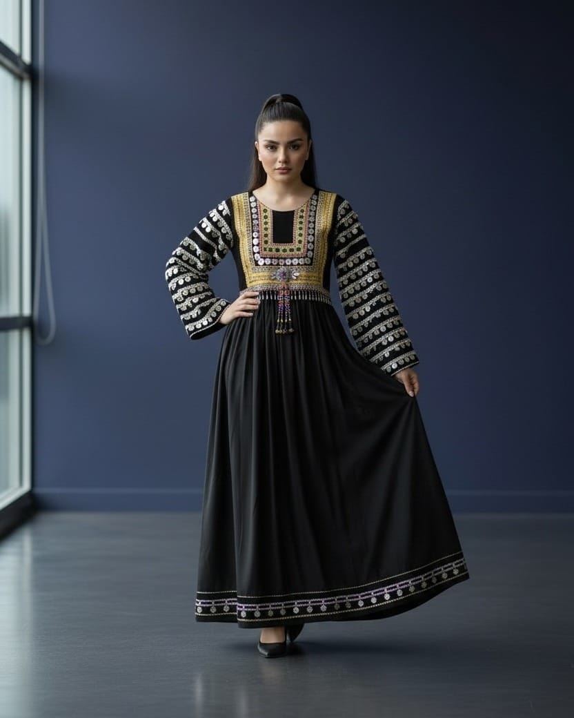 Black Dress with Coin & Mora Embroidery – Traditional Maxi Dress