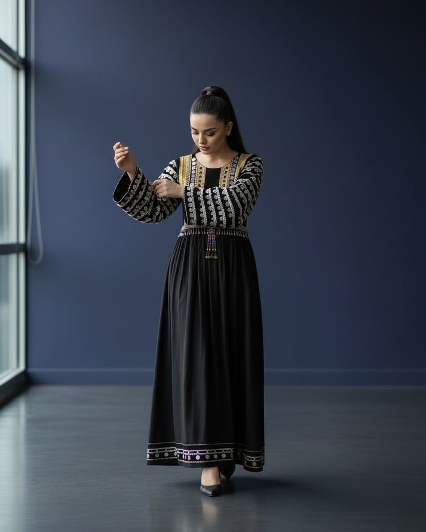 Black Dress with Coin & Mora Embroidery – Traditional Maxi Dress