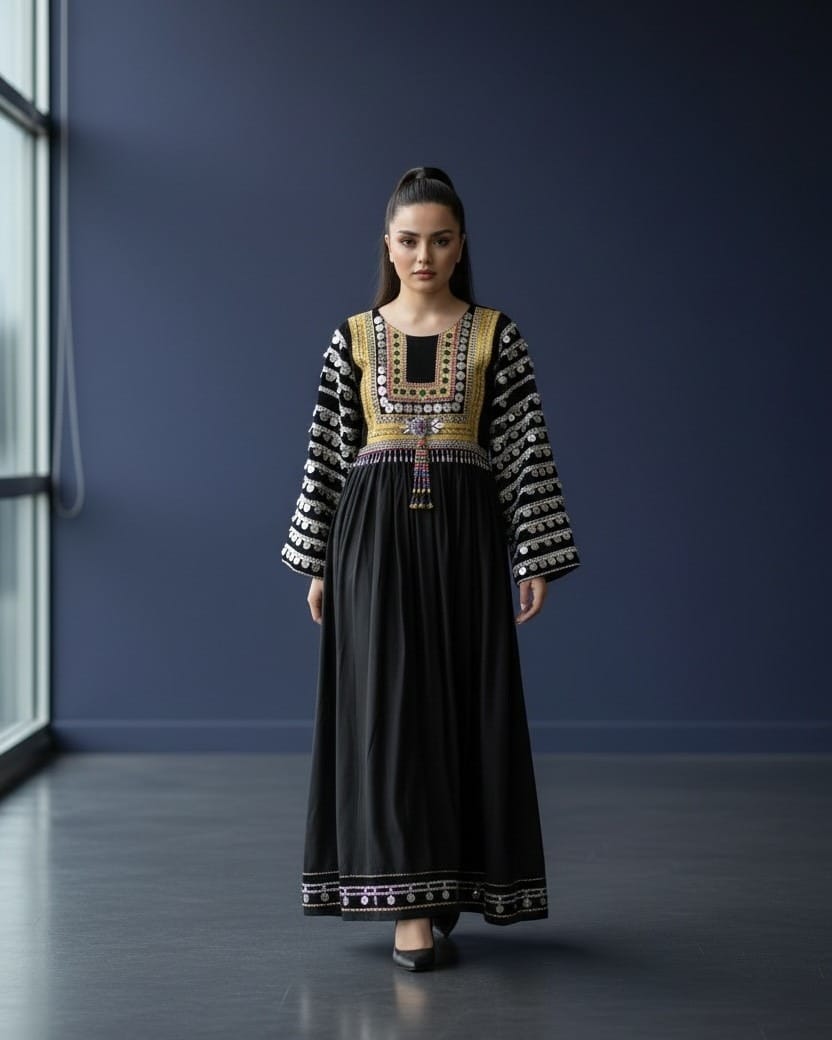 Black Dress with Coin & Mora Embroidery – Traditional Maxi Dress