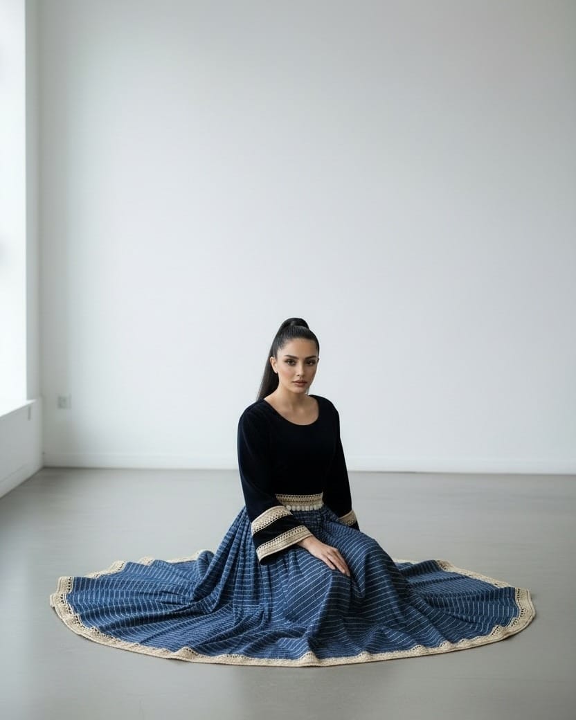 Navy Dress with Hand-Embroidered Waistband | Simple Long Maxi Dress
