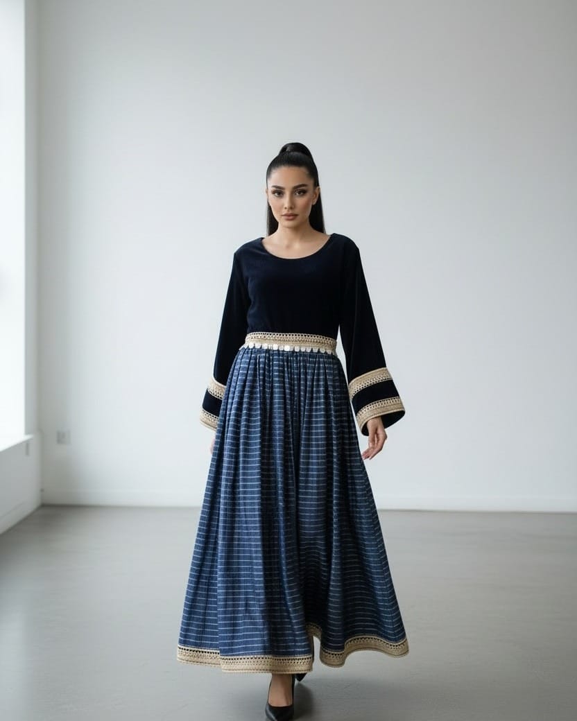 Navy Dress with Hand-Embroidered Waistband | Simple Long Maxi Dress