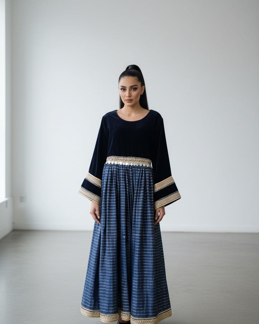 Navy Dress with Hand-Embroidered Waistband | Simple Long Maxi Dress
