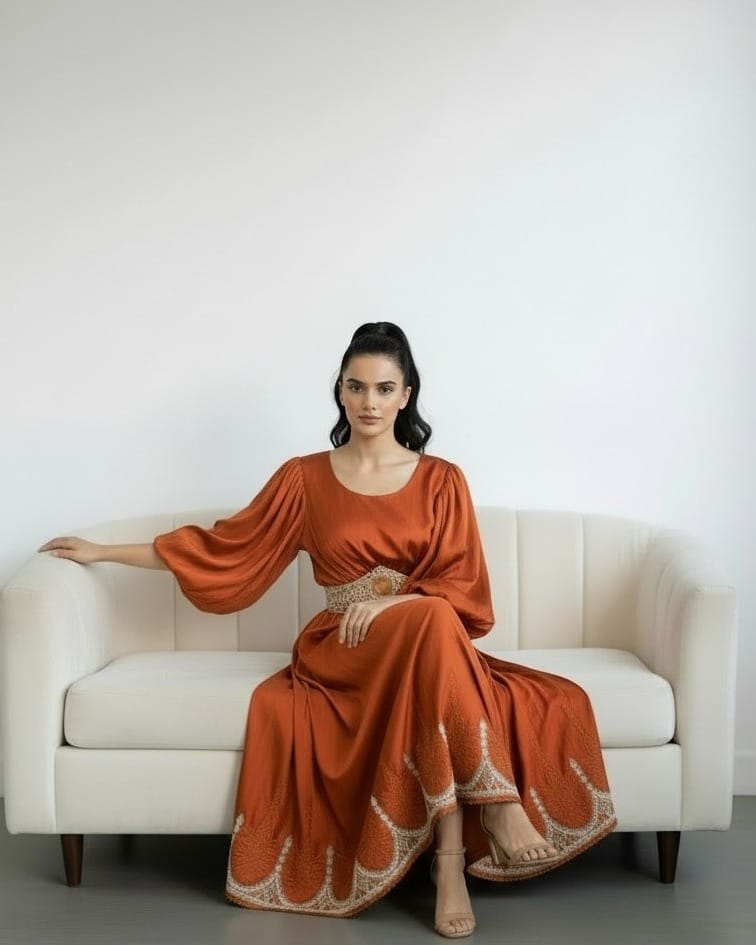 Orange Satin Dress with Embroidered Belt | Traditional Maxi Dress for Weddings & Special Events