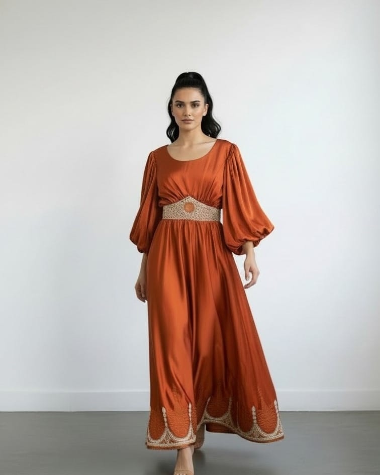 Orange Satin Dress with Embroidered Belt | Traditional Maxi Dress for Weddings & Special Events