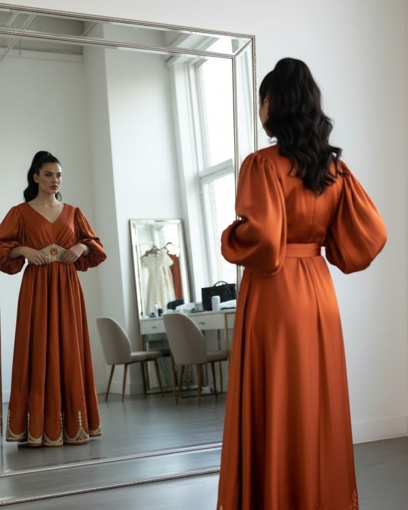 Orange Satin Dress with Embroidered Belt | Traditional Maxi Dress for Weddings & Special Events