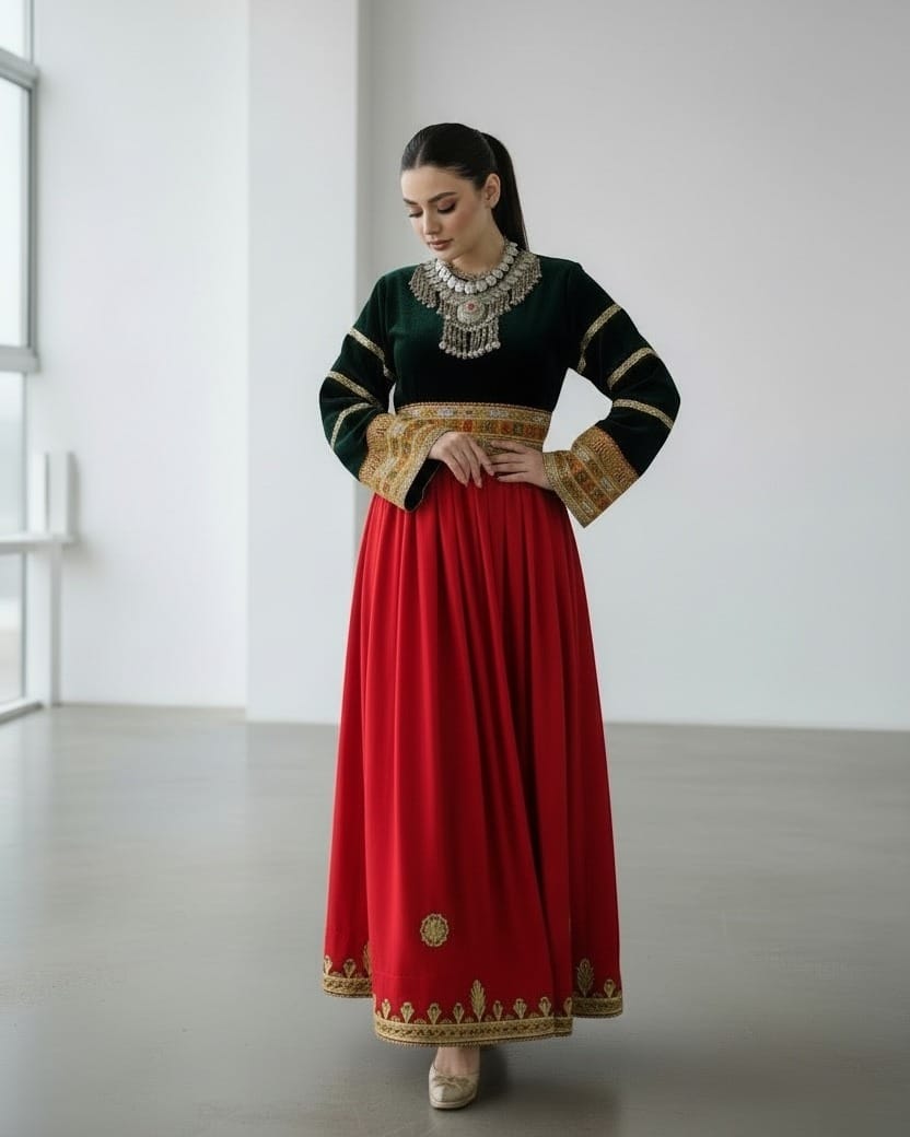 Green Velvet & Red Satin Dress with Embroidered Belt | Elegant Maxi Dress