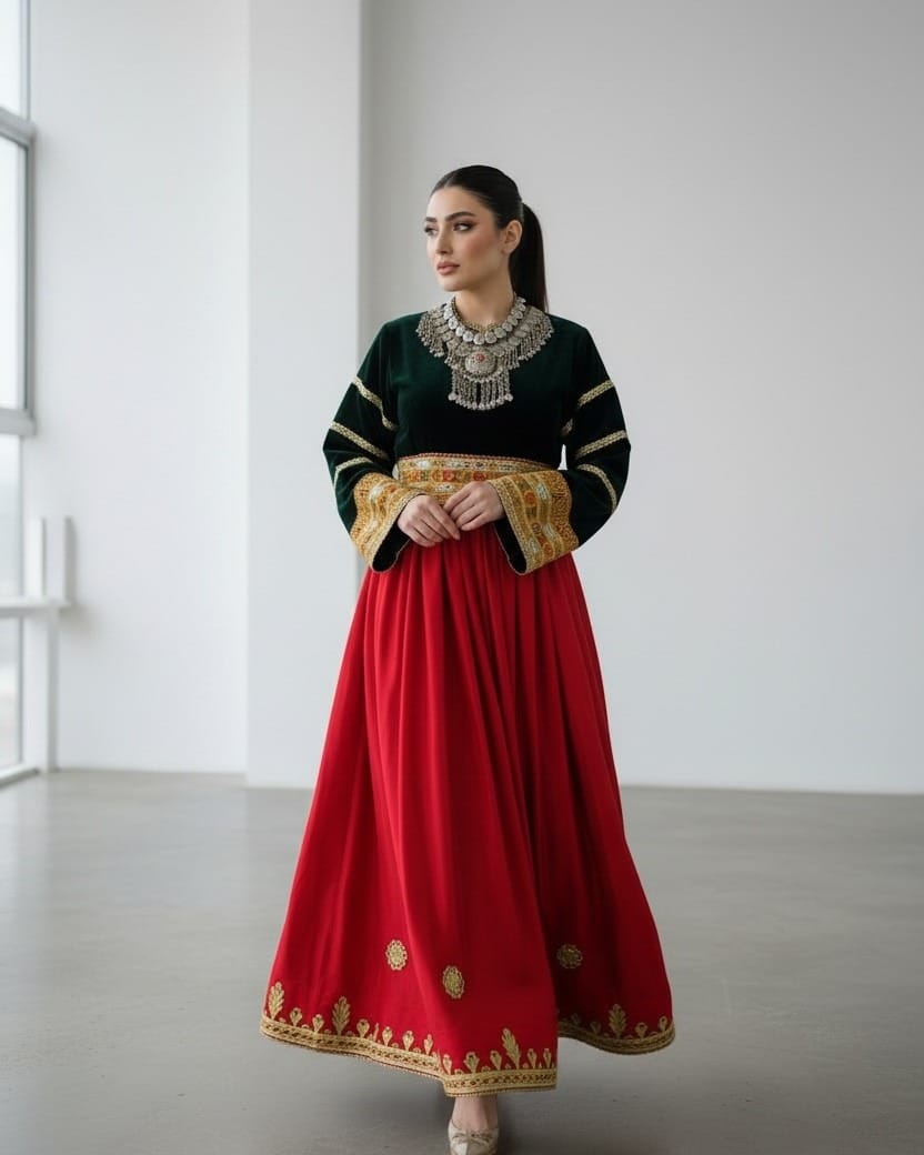 Green Velvet & Red Satin Dress with Embroidered Belt | Elegant Maxi Dress