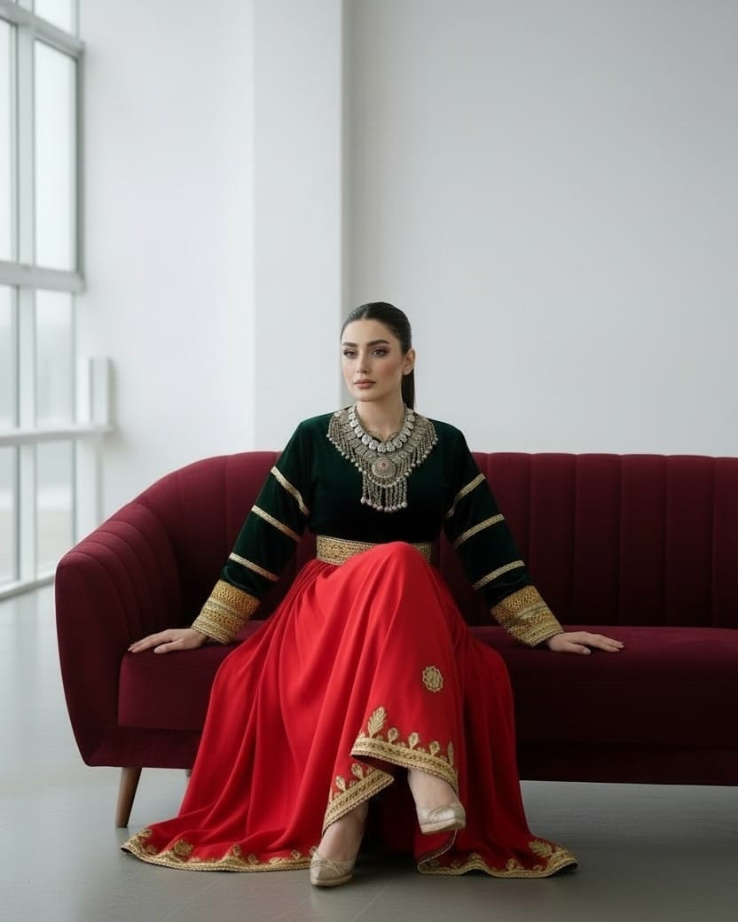 Green Velvet & Red Satin Dress with Embroidered Belt | Elegant Maxi Dress