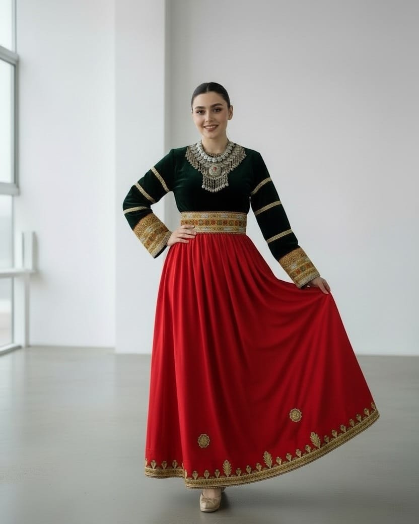 Green Velvet & Red Satin Dress with Embroidered Belt | Elegant Maxi Dress