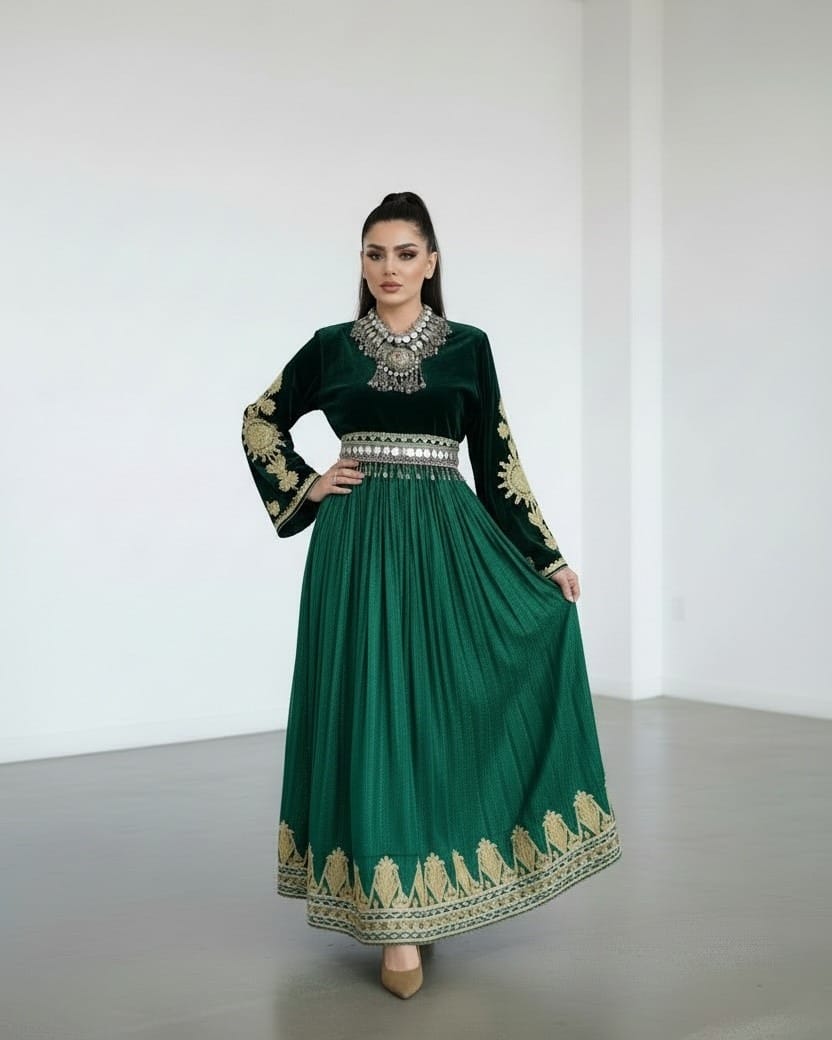 green emerald velvet dress Inrahwear Inrah Kochani Green Traditional Afghan Dress – Handcrafted P main image 1