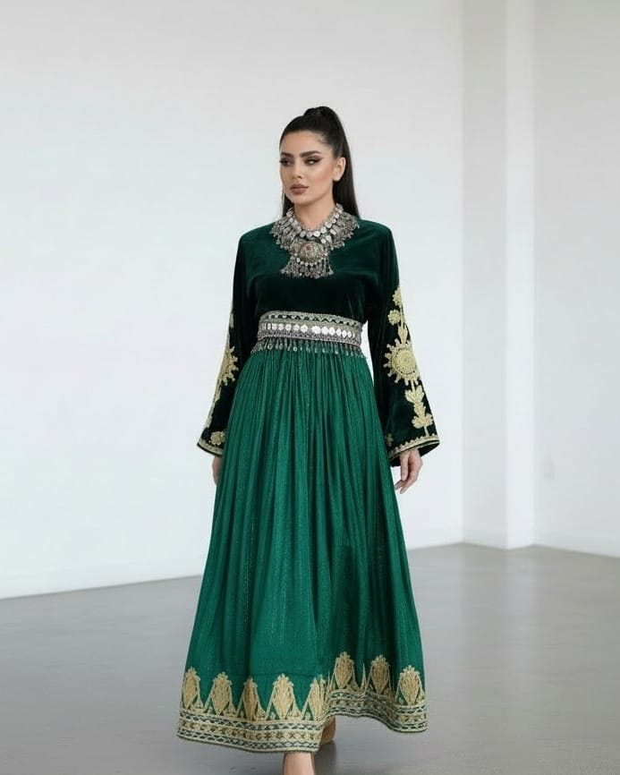 Green Afghan Traditional Dress Sabz with Hand Embroidery